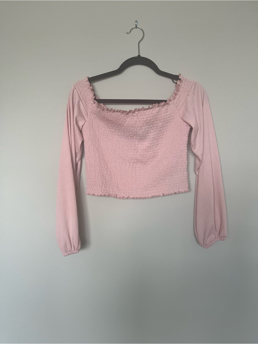 Pink Long Sleeve Smocked Off-the-shoulder Top